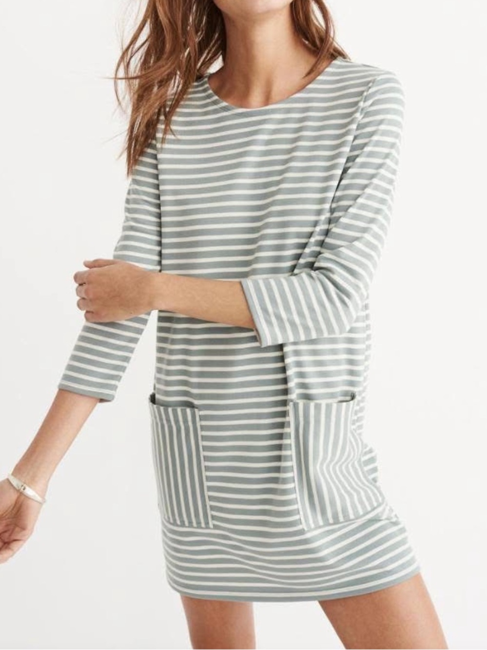 Abercrombie & Fitch Sage Green and White Striped Half Sleeve Dress | Size XS